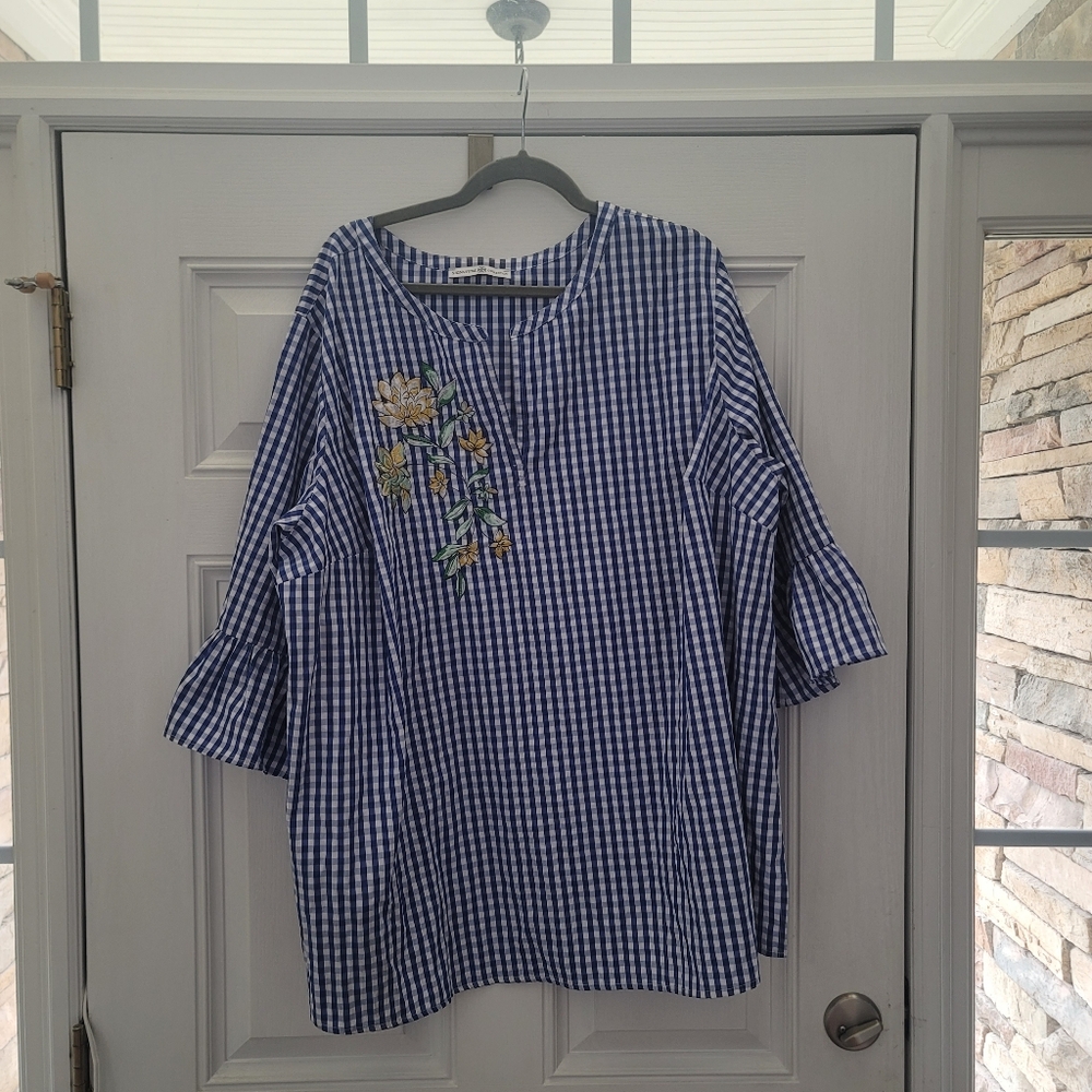 Signature Collection Blue White Embroidered Floral Tunic Blouse Size 3X Artsy